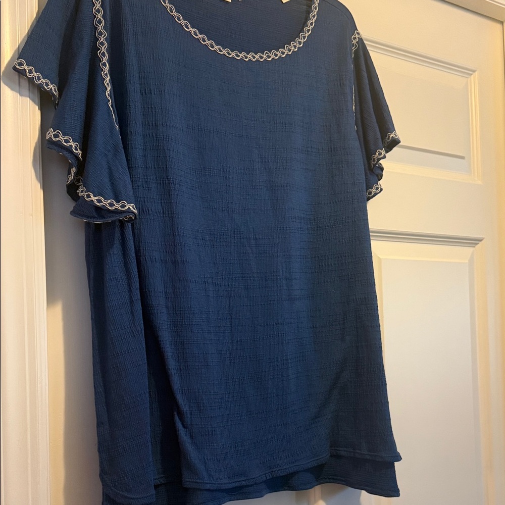 Max Studio Navy Blouse with Embroidered Details